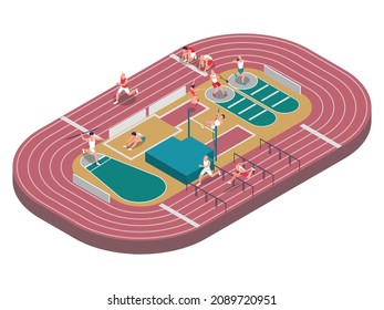 Sportsman athletics isometric composition with view of stadium with running track jumping barriers and human characters vector illustration