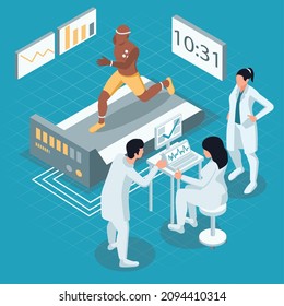 Sportsman athletics science isometric composition with characters of doctors scientists collecting data from running athlete sensors vector illustration