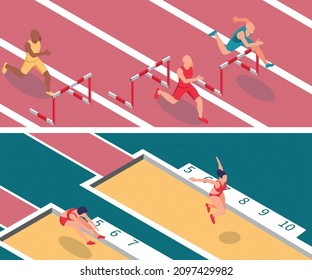 Sportsman athletics set of horizontal banners with isometric views of athletes jumping sandpit and running barriers vector illustration