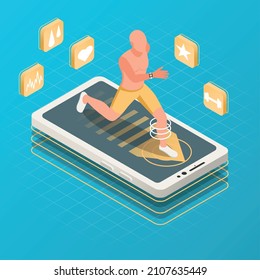 Sportsman athletics smartphone isometric composition with human character of athlete running on top of phone screen vector illustration