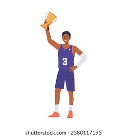 Sportsman basketball player cartoon winner character raising golden cup trophy reward over head