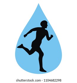 Sportsman, black figure at blue drop, vector icon. Single object. Black silhouette of runner.