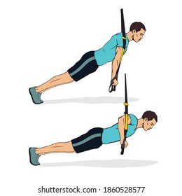 Sportsman bodybuilder doing pushups using suspension system TRX, vector image