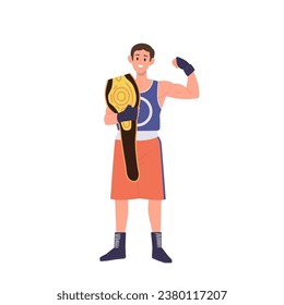 Sportsman boxer cartoon champion character holding golden belt reward for first place results