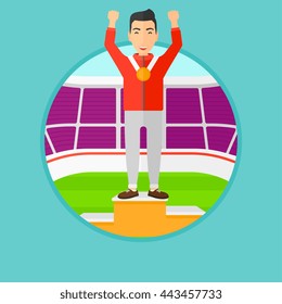Sportsman celebrating on the winners podium. Man with gold medal and hands raised. Vector flat design illustration in the circle isolated on background.