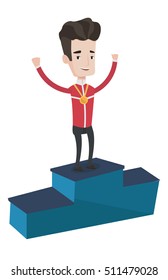 Sportsman celebrating on the winners podium. Young caucasian sportsman with gold medal standing on the winners podium. Winner concept. Vector flat design illustration isolated on white background.