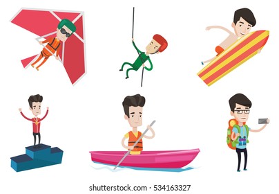 Sportsman celebrating on the winners podium. Young caucasian sportsman with medal standing on the winners podium. Winner concept. Set of vector flat design illustrations isolated on white background.