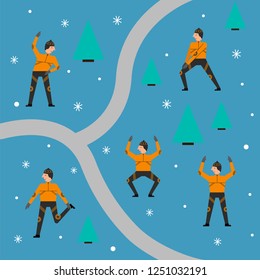  Sportsman character doing different sports exercises. Winter concept. Vector illustration. Flat style. 