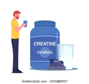 Sportsman Character Drink Creatine Cocktail from Shaker in Gym. Sportive Man Healthy Lifestyle. Fitness Recreation, Bodybuilding Activity and Food for Pumping Muscles. Cartoon Vector Illustration