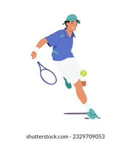 Sportsman Character Engages In A Spirited Game Of Tennis, Young Man with Racquet and Ball Showcasing His Agility, Precision, And Competitive Spirit On The Court. Cartoon People Vector Illustration