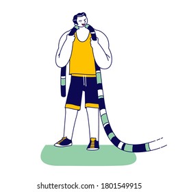 Sportsman Character Relaxing after Battle Rope Functional Fitness Cross Training in Gym. Athlete Man Bodybuilder with Muscular Strong Body Exercising, Bodybuilding Workout. Linear Vector Illustration