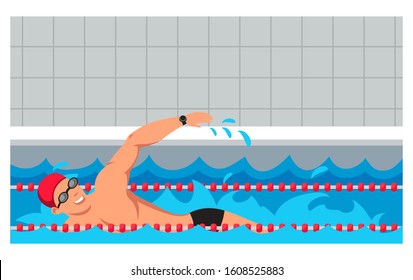 Sportsman Character In Rubber Hat And Glasses Swimming Breaststroke Swim Style In Pool Cartoon. Professional Male Fit Swimmer Training. Water Sport. Aquatic Workout. Vector Flat Illustration