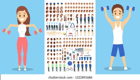 Sportsman character set for the animation with various views, hairstyle, emotion, pose and gesture. Training equpiment. Dumbbell and barbell. Isolated vector illustration in cartoon style