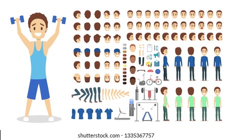 Sportsman character set for the animation with various views, hairstyle, emotion, pose and gesture. Training equpiment. Dumbbell and barbell. Isolated vector illustration in cartoon style