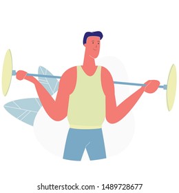 Sportsman Character in Sportswear Powerlifter Training in Gym with Barbell Prepare for Tournament. Workout with Weight. Bodybuilding, Sport Activity, Healthy Lifestyle Cartoon Flat Vector Illustration