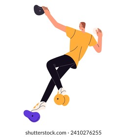 Sportsman climbing on artificial rock in gym. Climber upwards on bouldering wall. Man grips up, holds on stones on height, moves to the top. Extreme sport. Flat isolated vector illustration on white