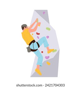 Sportsman climbing on artificial rock bouldering wall in gym indoors isolated on white background