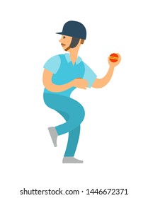 Sportsman cricket player in protective helmet going to throw ball, isolated cartoon character. Vector English sport, bat-and-ball game, cricketer on tournament