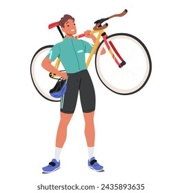 Sportsman Cyclist Character, Clad In Professional Gear, Confidently Hoists His Bike Over One Shoulder, Displaying Strength, Determination, And Passion For The Ride. Cartoon People Vector Illustration