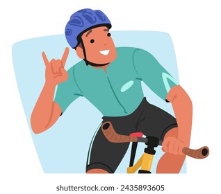 Sportsman Cyclist Character Confidently Rides His Bike, While Flashing The Iconic Rock Gesture, Exuding A Spirit Of Determination And Enthusiasm. Cartoon People Vector Illustration