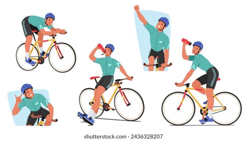 Deportista Personaje Ciclista Con Determinación Grabada En Su Cara, Monta Su Bicicleta, Beber Agua, Relajarse, Levantar Un Puño O Encender Un Signo De Victoria Para Significar El Triunfo. Ilustración vectorial de personas de dibujos animados