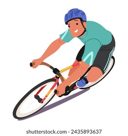 Sportsman Cyclist Character, Donned In Vibrant Gear, Rides His Bike With A Beaming Smile, Showcasing Both Passion And Determination On The Open Road, Top View. Cartoon People Vector Illustration