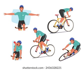 El Personaje Ciclista Deportista Monta Ferozmente, A Veces Extiende Las Manos Para Celebrar La Victoria, Encarnando El Espíritu De La Competencia, Beber Agua Y Sonreír. Ilustración vectorial de personas de dibujos animados