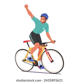 Un Personaje Ciclista Deportista Monta Su Bicicleta Con Un Gesto De Puño Arriba Confiado Y Una Sonrisa Radiante, Encarnando La Victoria Y La Alegría. Atleta Triunfante Se Regocija Ganando. Ilustración vectorial de personas de dibujos animados