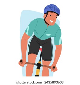 El Ciclista Deportista Pedalea Con Gracia, Con Una Sonrisa Radiante, Encarnando La Alegría En Movimiento. El Giro Rítmico De Las Ruedas Refleja La Felicidad Que Irradia La Cara Del Piloto. Ilustración vectorial de personas de dibujos animados