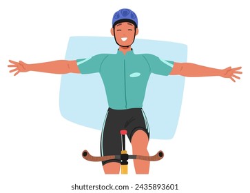 Ciclista Deportista Monta Con Gracia, Los Brazos Extendidos, Encarnando El Triunfo Y La Libertad. Un Testamento De Fuerza, Habilidad Y La Alegría De Conquistar El Camino Abierto. Ilustración vectorial de personas de dibujos animados