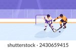 Sportsman from different team are playing hockey, competing on friendly match without spectators. Winter games competition. Concept of sport activity and healthy lifestyle. Vector illustration