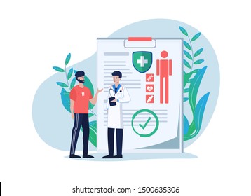 Sportsman discussing with a doctor. Illustration of healthcare and medical consultation concept