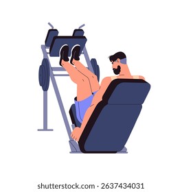 Sportsman does physical exercises with leg press machine. Athlete pumps muscles with sport equipment in fitness gym. Man does strength training, workout. Flat isolated vector illustration on white
