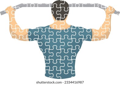 Sportsman doing pull-ups on the bar on a white background. Puzzle style