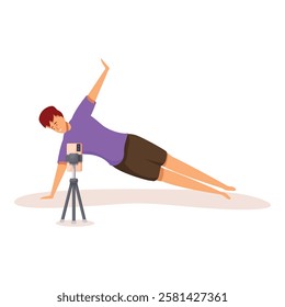 Sportsman doing a side plank and recording online training on smartphone camera at home