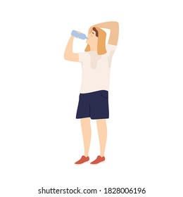 Sportsman drinking water from bottle feeling thirst after training vector flat illustration. Man with sweat covering head by towel during workout isolated. Male with refreshing beverage after sports