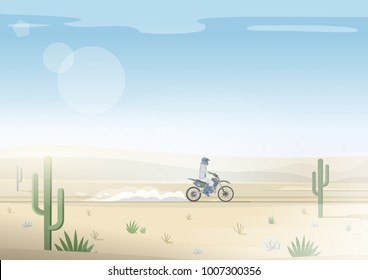 Sportsman driving motorbike on off road. Retro style poster. Motorbike rider in wild nature landscape. Motocross championship. Vector illustration.