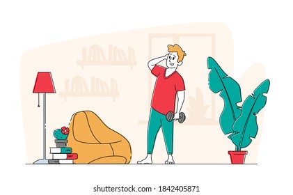 Sportsman Exercising with Dumbbells Concept. Male Character in Sportswear Workout with Weight at Home. Bodybuilding Sport Activity, Healthy Lifestyle and Gymnastics. Linear People Vector Illustration