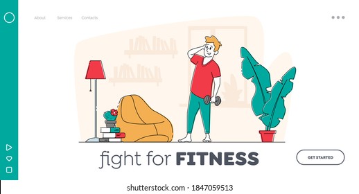 Sportsman Exercising with Dumbbells Landing Page Template. Male Character Workout with Weight at Home. Bodybuilding Sport Activity, Healthy Lifestyle and Gymnastics. Linear People Vector Illustration