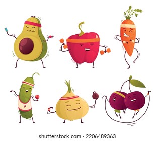 Sportsman fruits cartoon icons set with healthy funny avocado and pepper isolated vector illustration