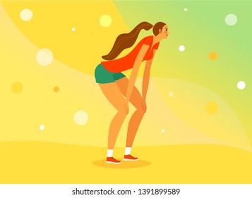 Sportsman girl feel struggling and tired but ready to go. Motivation illustration with decorative bright background for your design.  