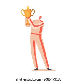 Sportsman with Gold Goblet Isolated on White Background. Sportive Male Character Celebrate Victory Holding with Golden Cup above Head. Sport Success Celebration. Cartoon People Vector Illustration