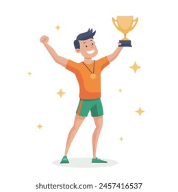 Sportsman with golden cup and medal. Championship or competition trophy. Concept of success in sport. Vector illustration.