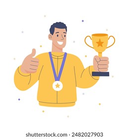 Sportsman with golden cup and medal. Championship or competition trophy. Reward symbol. Concept of success in sport. Flat style. Vector illustration.