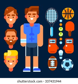 Sportsman and his stuf. Vector flat isolated objects.