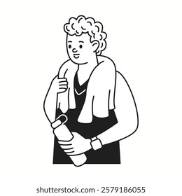 Sportsman holds water bottle and towel on neck linear icon. Sweaty guy rests after active workout doodle character doodle thin line illustration