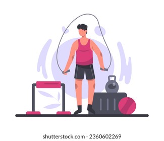 Sportsman jumping rope, training. Active and strong male training in gym. Strong and resilient athlete. Flat vector illustration in cartoon style in pink colors