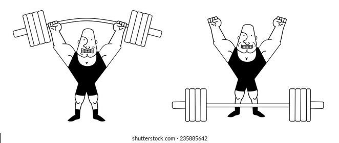 Sportsman lifting heavy barbell. Athlete standing with happy face. Vector clip art contour lines illustration isolated on white