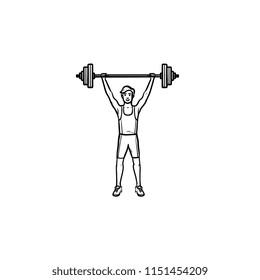 Sportsman Lifting Heavyweight Barbell Hand Drawn Outline Doodle Icon. Male Weightlifter, Bodybuilding Concept. Vector Sketch Illustration For Print, Web, Mobile And Infographics On White Background.