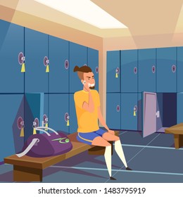 Sportsman in locker room flat vector illustration. Cheerful young man in sportswear sitting on bench cartoon character. Smiling guy talking on phone in gym, fitness club. Rest after training, workout